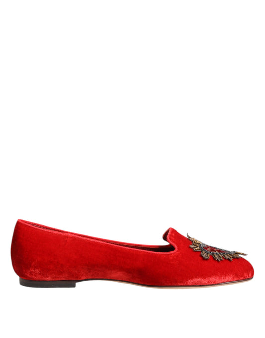 Dolce &amp; Gabbana – Rote Loafer aus Samt mit DG-Herzmotiv