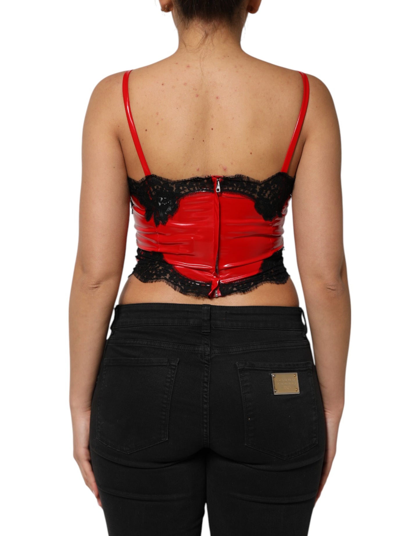 Dolce & Gabbana Red Black Lace Trim Polyester Sleeveless Tank Top