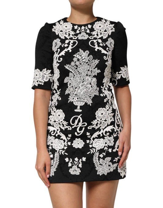 Robe trapèze à manches courtes et bordure en dentelle noire Dolce &amp; Gabbana