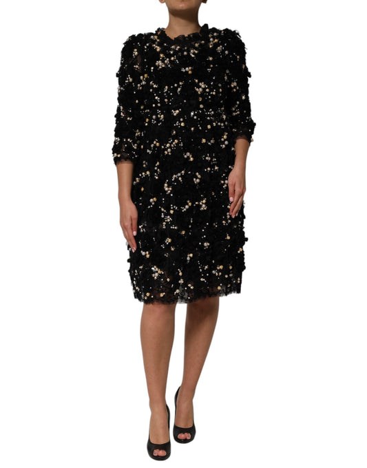 Robe droite en viscose noire ornée de perles Dolce &amp; Gabbana