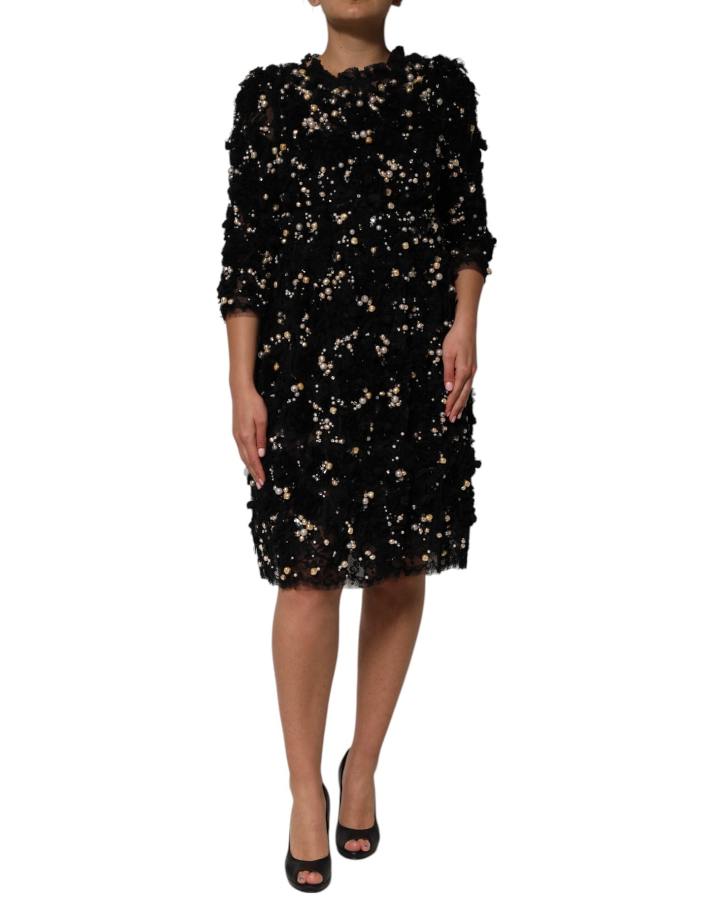 Robe droite en viscose noire ornée de perles Dolce &amp; Gabbana