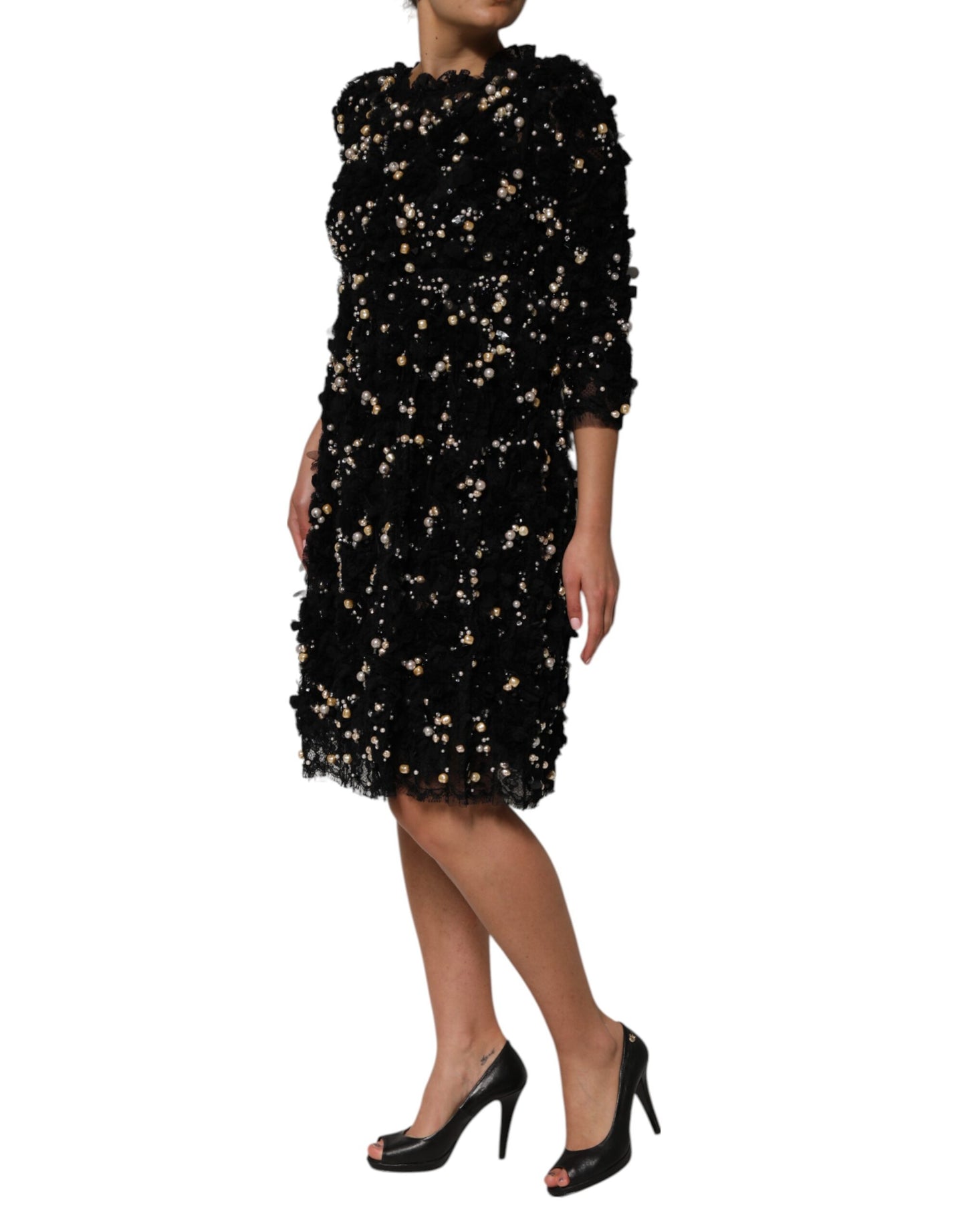 Robe droite en viscose noire ornée de perles Dolce &amp; Gabbana