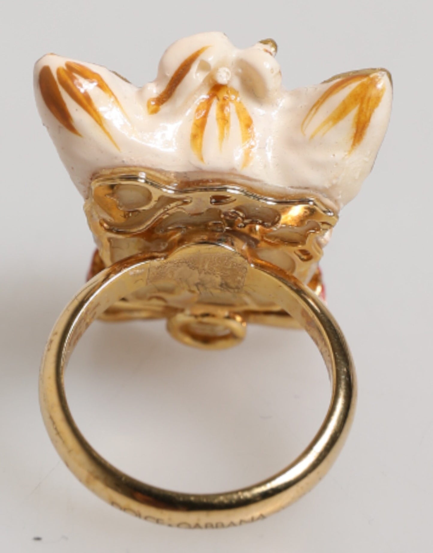 Dolce &amp; Gabbana Gold Messing Harz Beige Hund Haustier Accessoire Ring