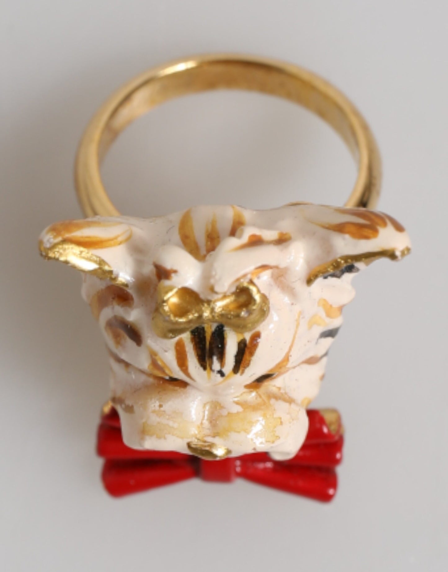 Dolce &amp; Gabbana Gold Messing Harz Beige Hund Haustier Accessoire Ring