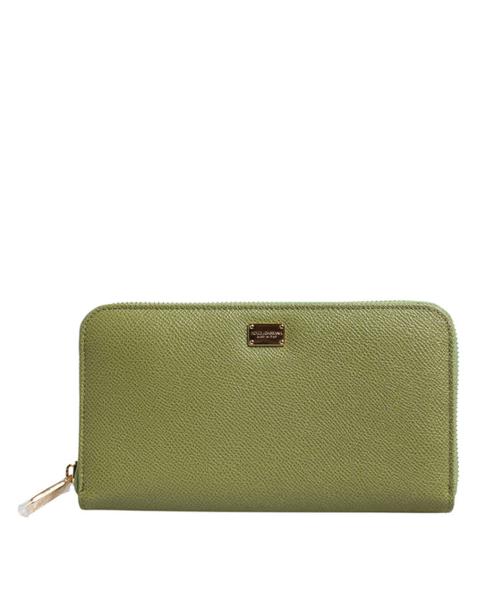 Portefeuille continental zippé en cuir vert Dolce &amp; Gabbana avec plaque logo