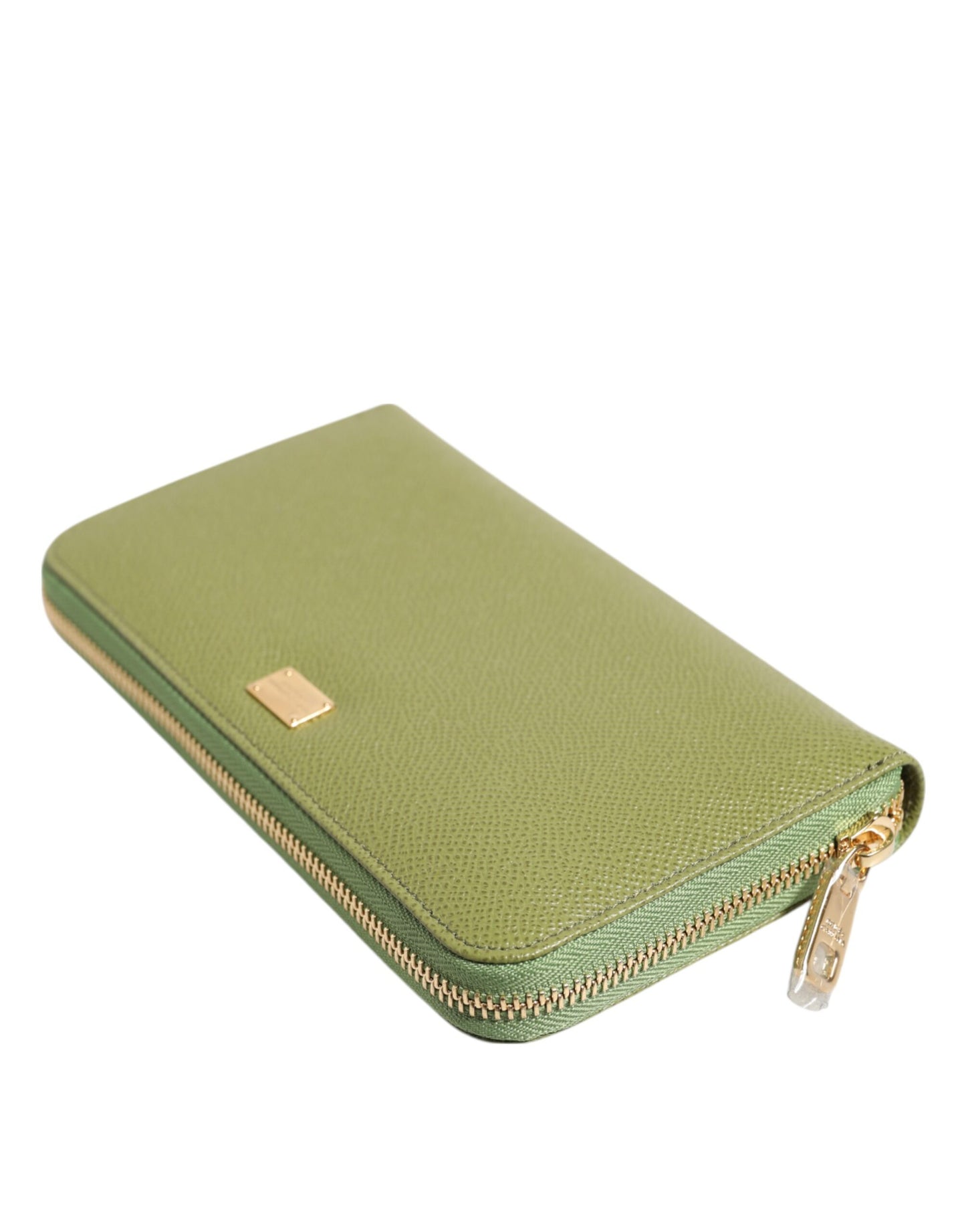 Portefeuille continental zippé en cuir vert Dolce &amp; Gabbana avec plaque logo