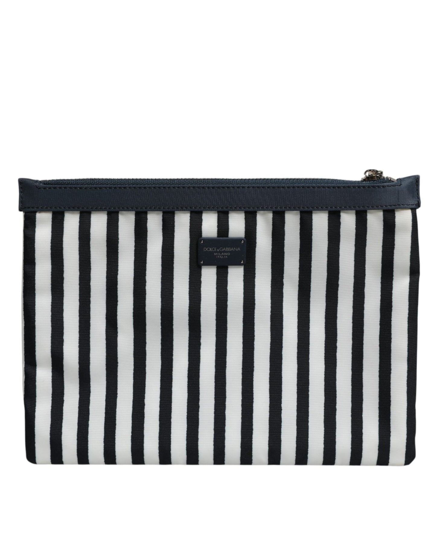 Dolce & Gabbana Black White Striped Logo Plaque Clutch Pouch Bag