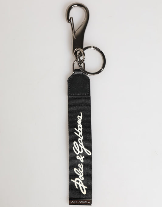 Dolce & Gabbana Black White Polyester DG Logo Silver Men Keychain Keyring