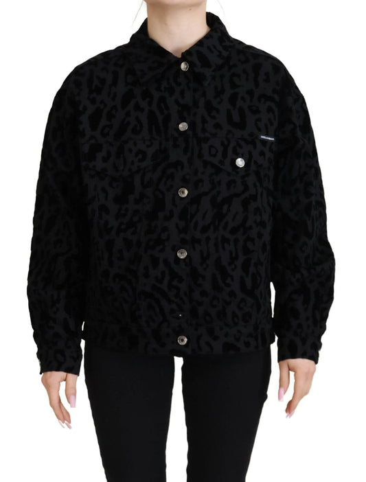 Veste en jean à manches longues en coton noir léopard Dolce &amp; Gabbana