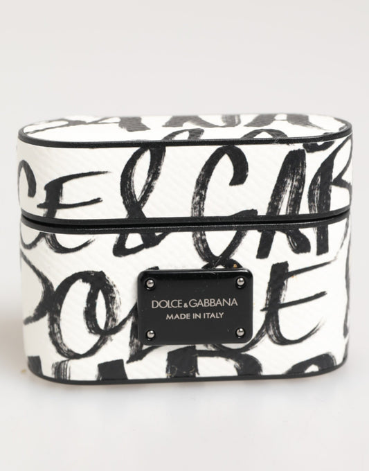 Étui pour Airpods Dolce &amp; Gabbana en cuir noir et blanc avec logo monogramme