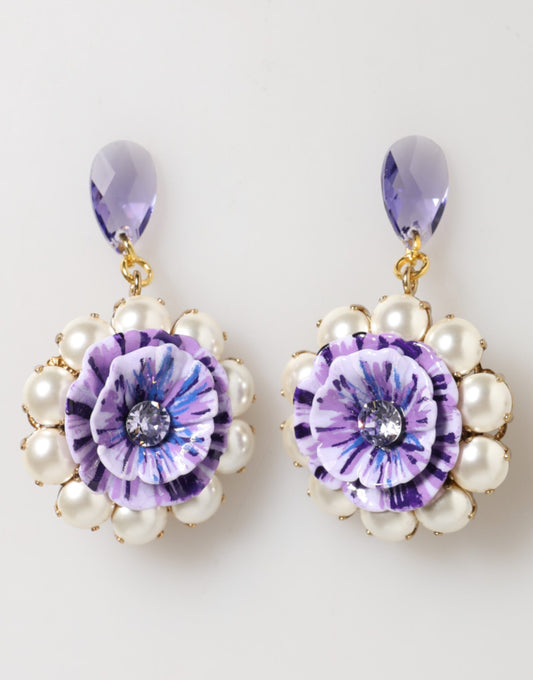 Boucles d'oreilles pendantes à clip Dolce &amp; Gabbana en cristal violet et perles florales