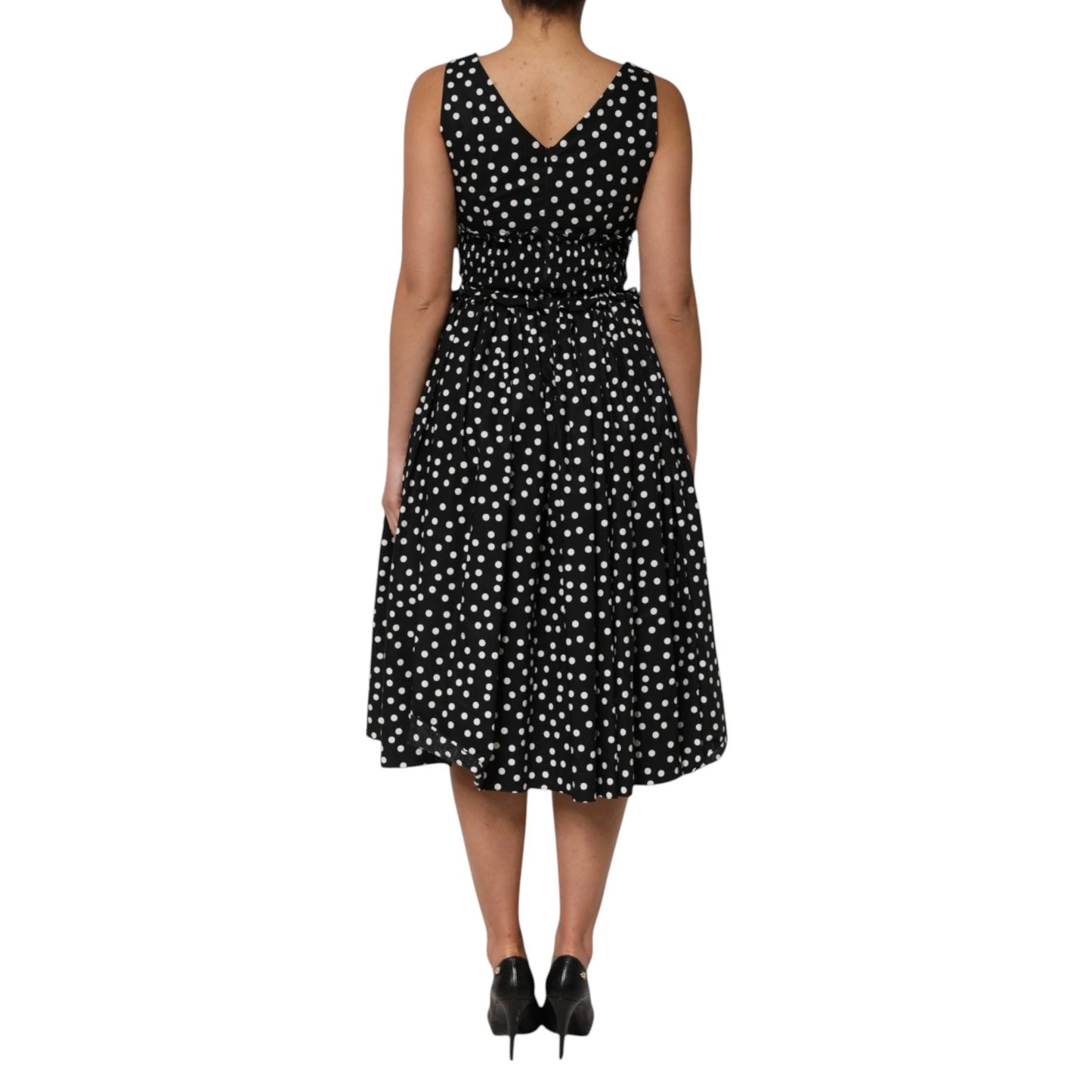 Robe à col en V en coton noir et blanc à pois Dolce &amp; Gabbana