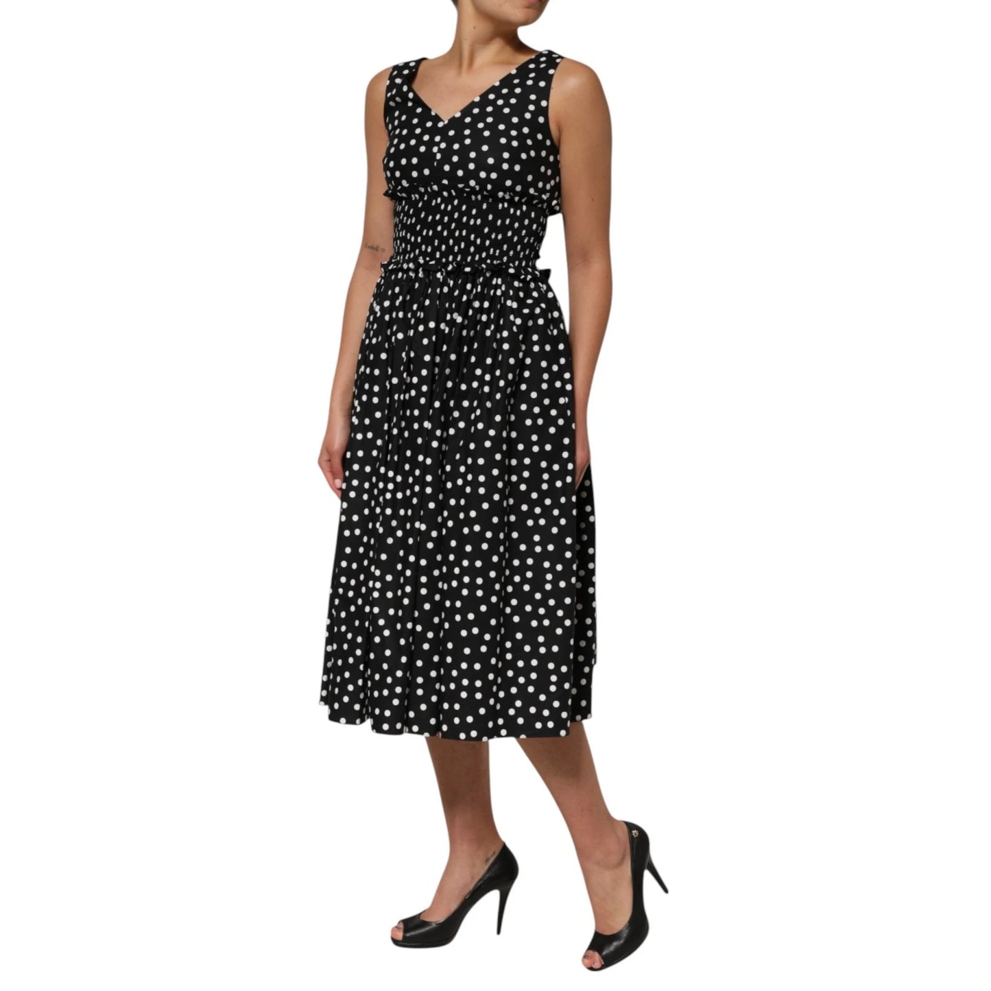 Robe à col en V en coton noir et blanc à pois Dolce &amp; Gabbana