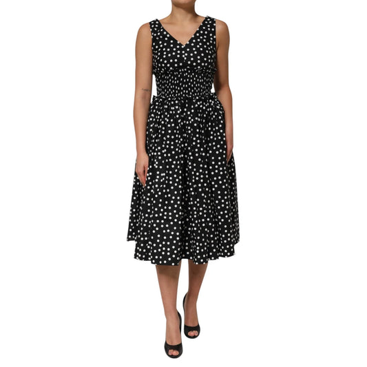 Robe à col en V en coton noir et blanc à pois Dolce &amp; Gabbana