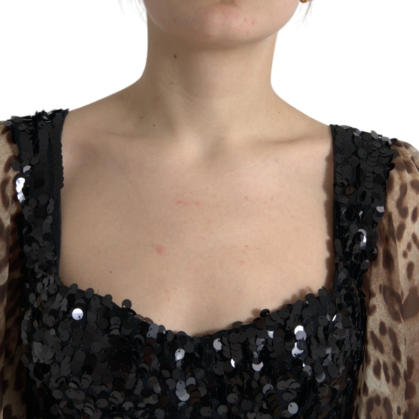 Dolce &amp; Gabbana – Maxikleid aus Seide mit Pailletten und Rüschen im Leopardenmuster