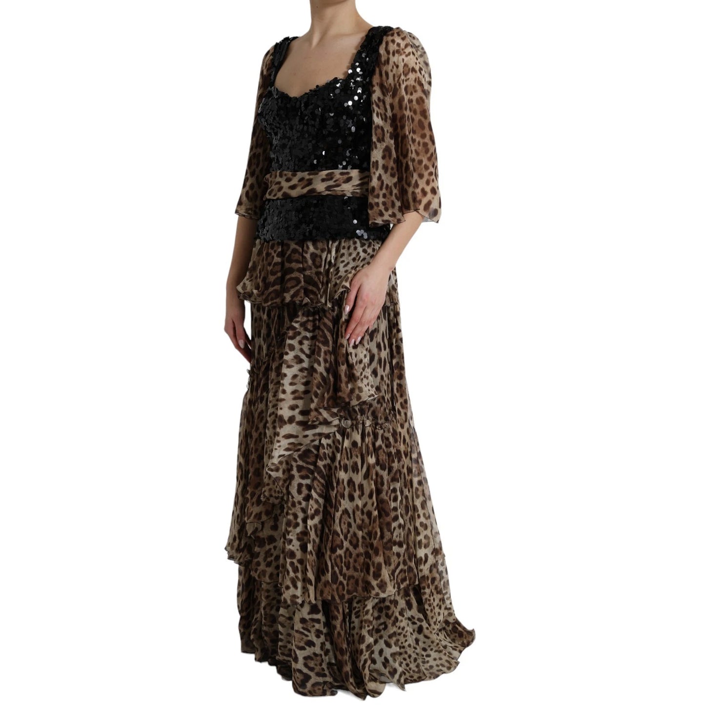 Dolce &amp; Gabbana – Maxikleid aus Seide mit Pailletten und Rüschen im Leopardenmuster