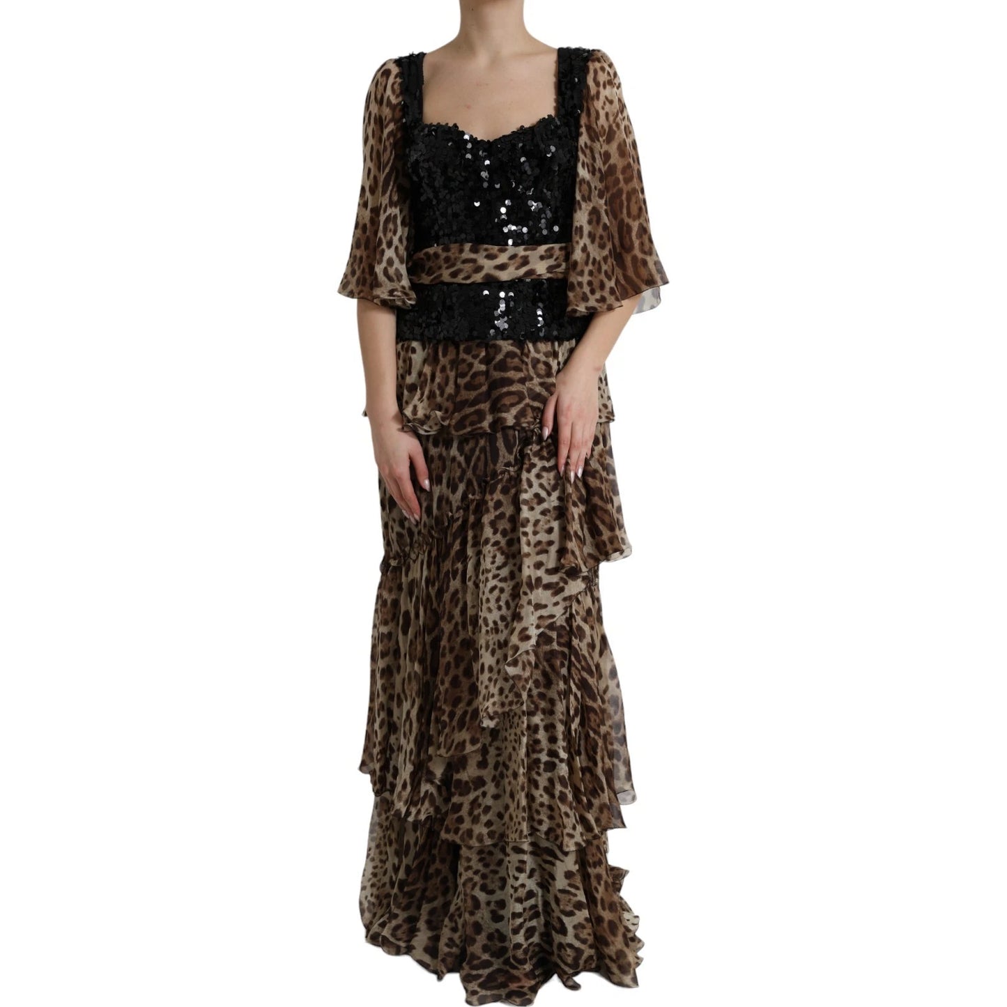 Dolce &amp; Gabbana – Maxikleid aus Seide mit Pailletten und Rüschen im Leopardenmuster