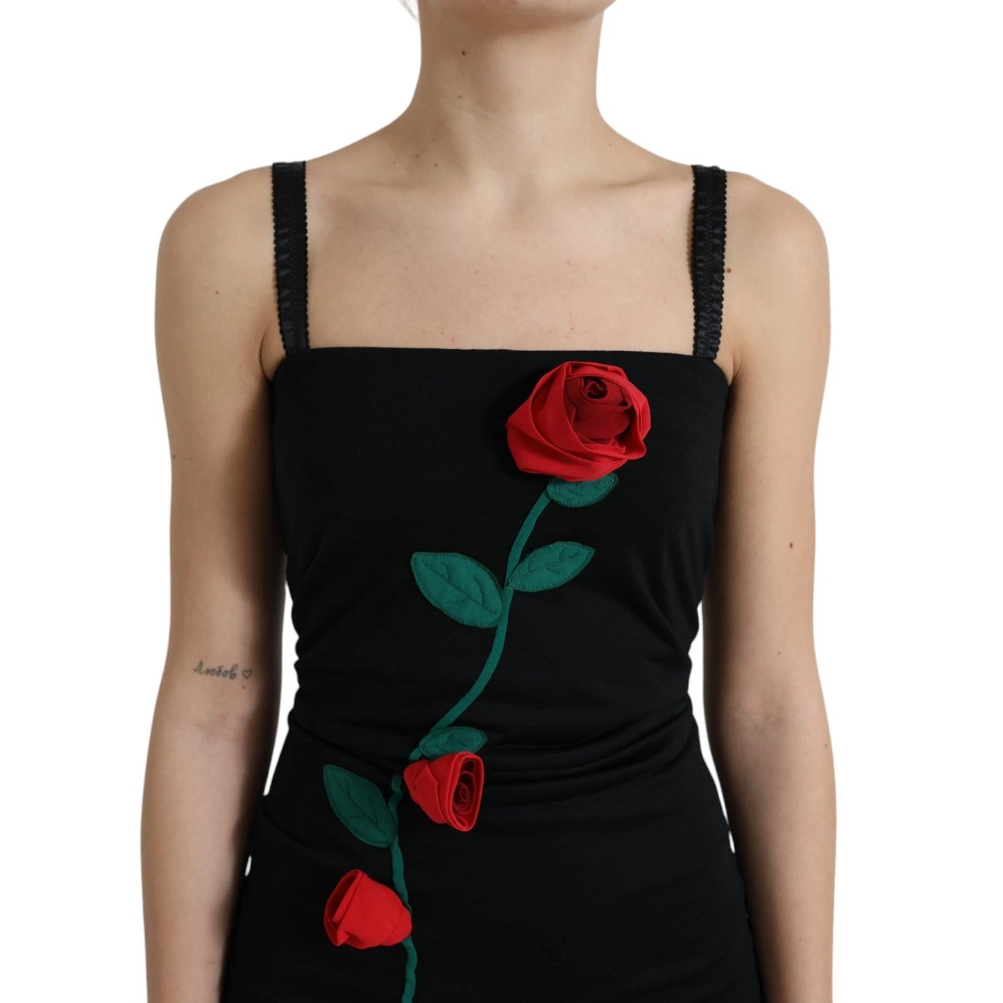 Robe sans manches en laine noire à appliqués roses Dolce &amp; Gabbana