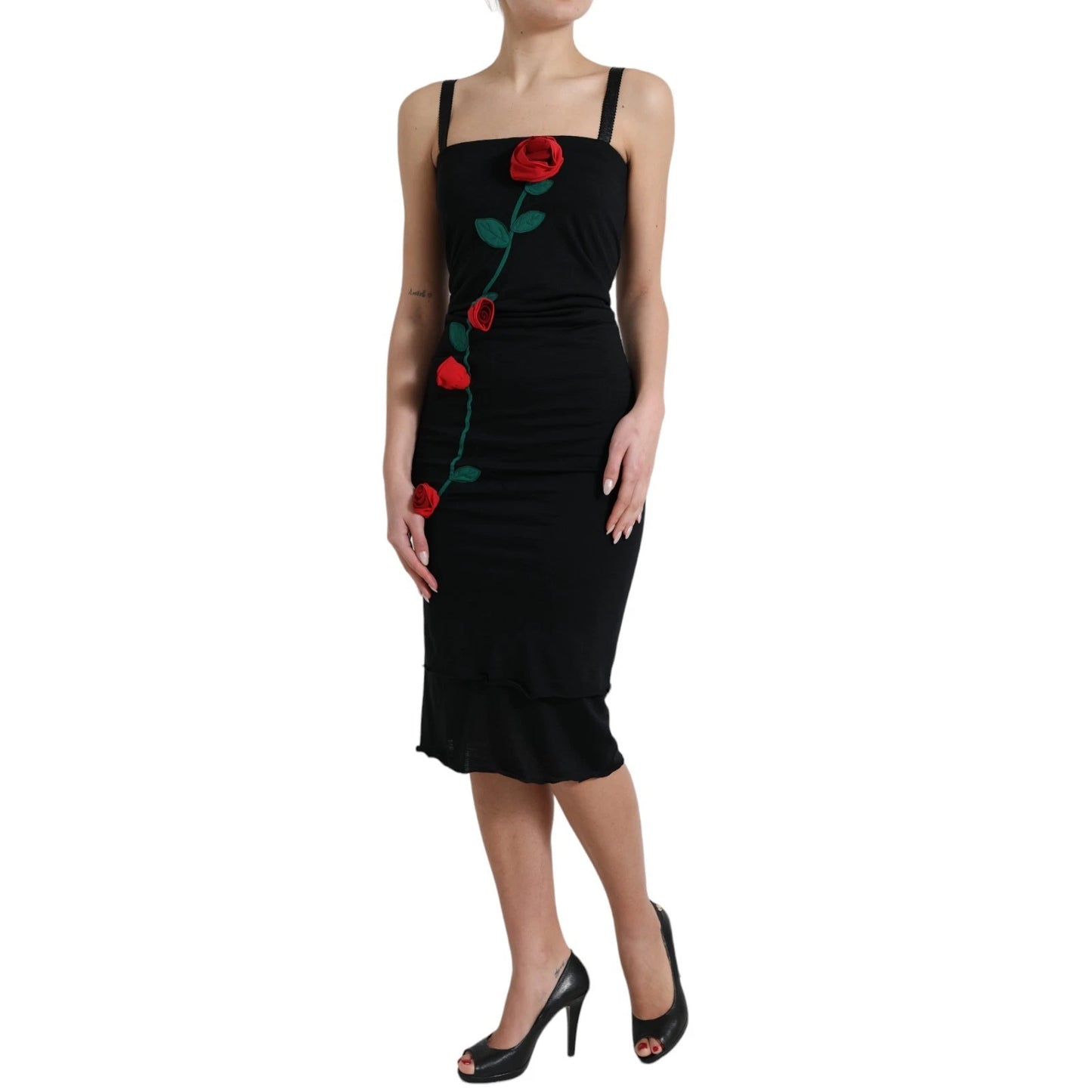 Robe sans manches en laine noire à appliqués roses Dolce &amp; Gabbana
