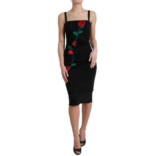 Robe sans manches en laine noire à appliqués roses Dolce &amp; Gabbana