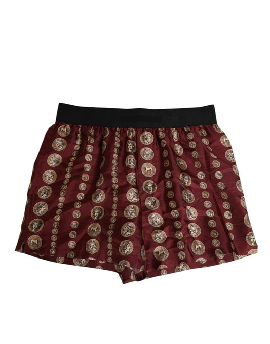 Dolce & Gabbana Burgundy Silk Coin Print Men Boxer Short Swimwear