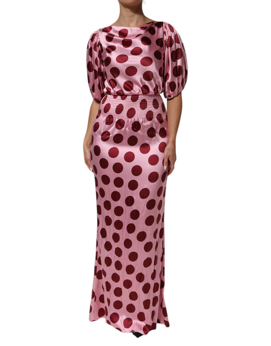 Robe longue en satin de soie à pois roses et rouges Dolce &amp; Gabbana
