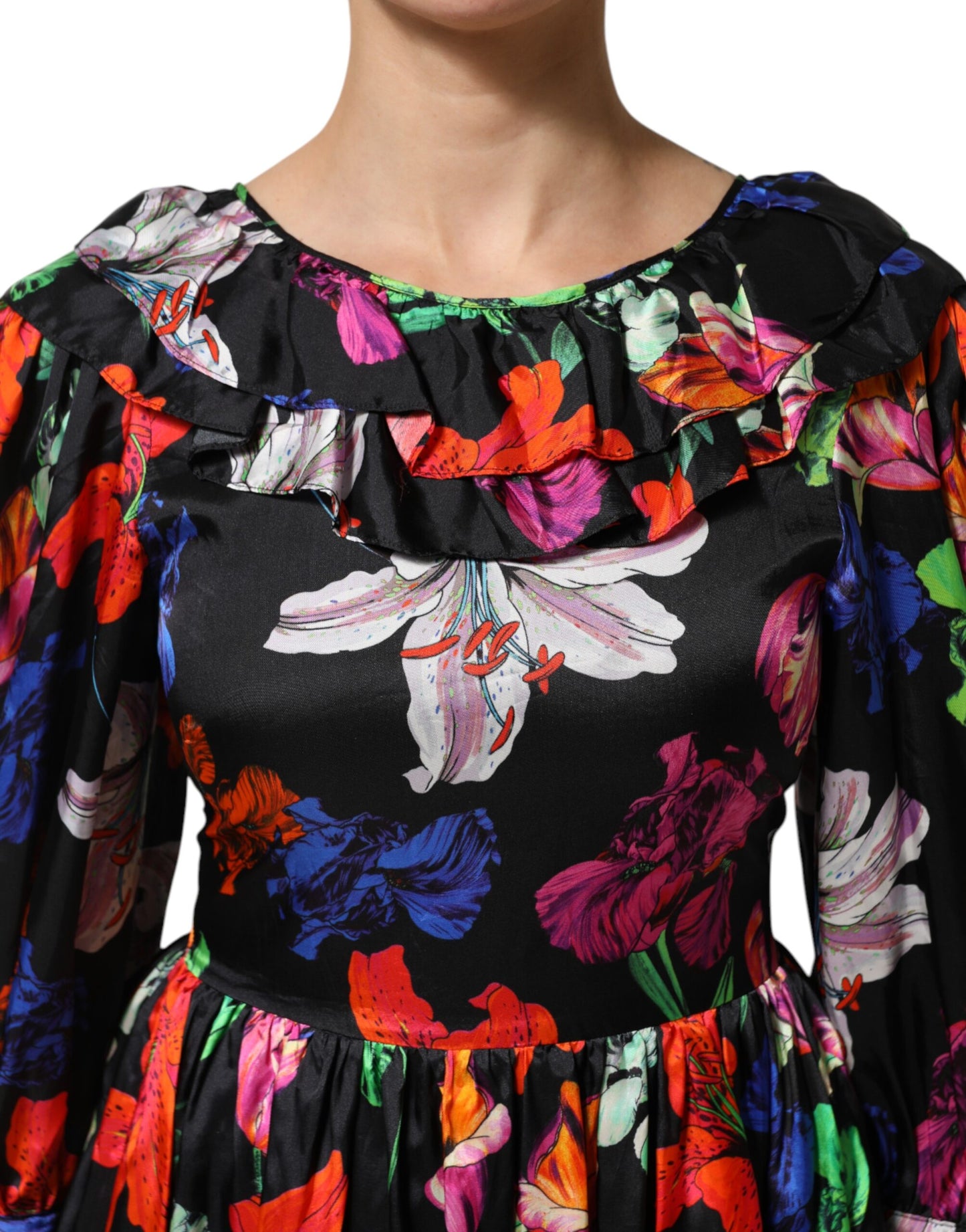 MSGM Dress Black Multicolor Floral Ruffle Long Sleeve Mini Dress