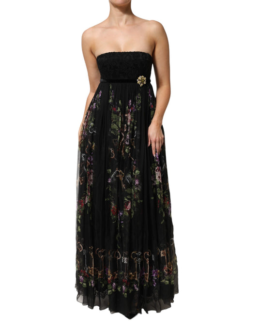 Robe bustier noire à imprimé floral et cristaux Dolce &amp; Gabbana