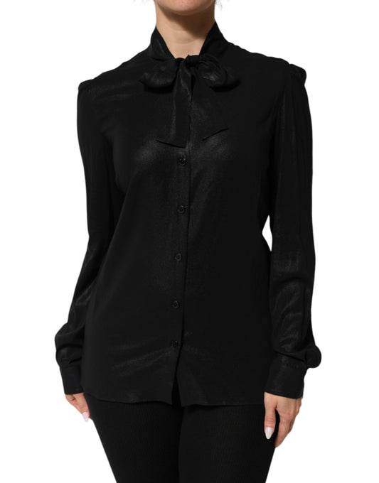 Chemisier à manches longues et col noué en viscose noire Dolce &amp; Gabbana