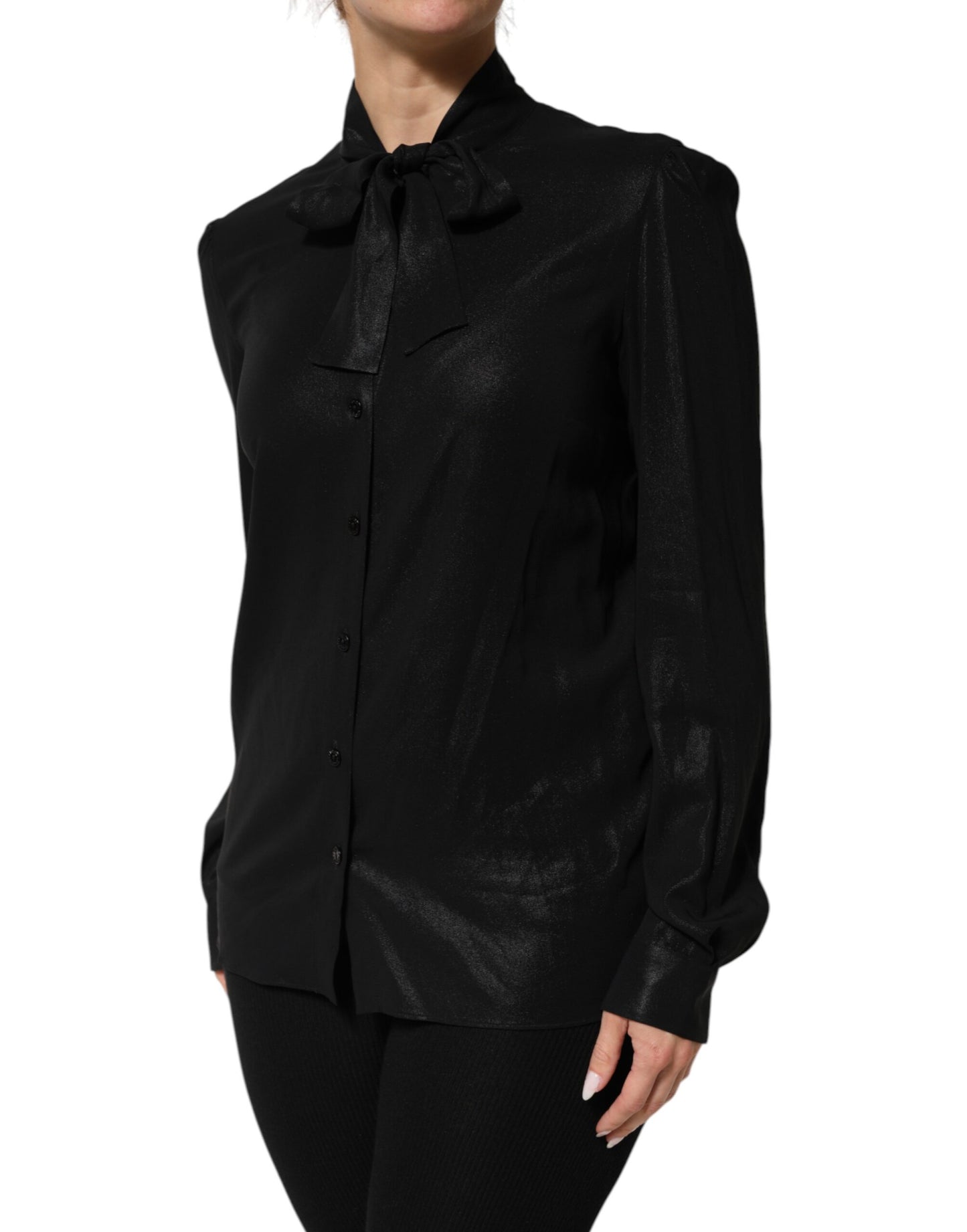 Chemisier à manches longues et col noué en viscose noire Dolce &amp; Gabbana