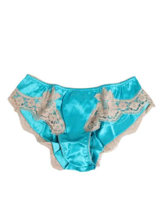Sous-vêtement neuf Dolce &amp; Gabbana en satin de soie bleu avec bordure en dentelle