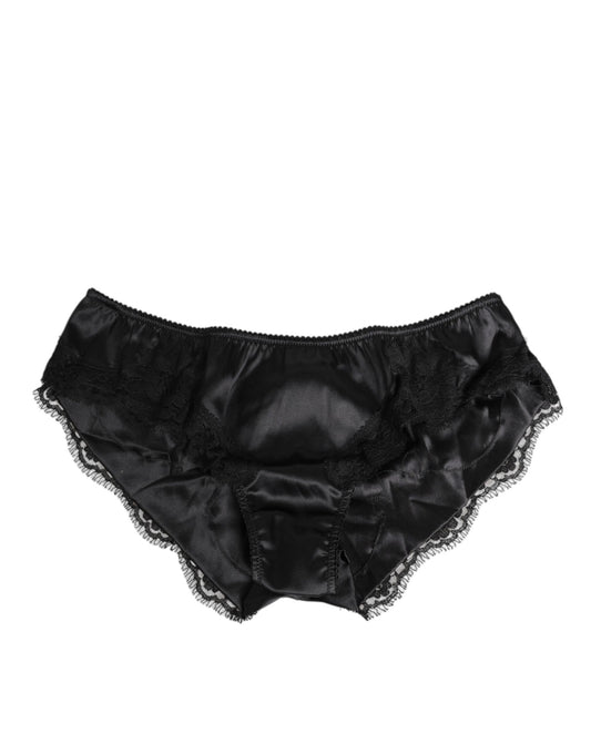 Dolce &amp; Gabbana – Slip aus schwarzem Seidensatin mit Spitzenbesatz