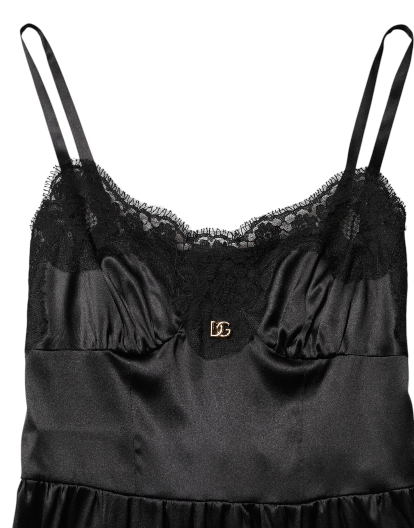 Mini-robe sans manches en soie mélangée noire Dolce &amp; Gabbana avec bordure en dentelle