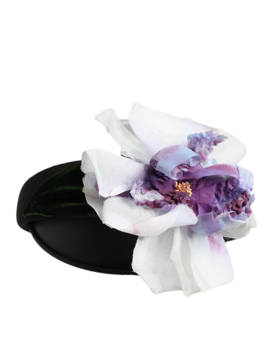 Bandeau accessoire Dolce &amp; Gabbana en soie noir, vert, violet et blanc avec appliques florales
