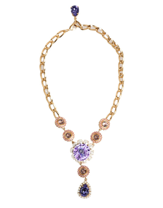 Collier Dolce &amp; Gabbana avec pendentif floral violet en laiton doré et perles de cristal