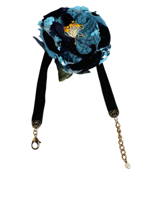 Collier ras du cou en velours à appliqués floraux bleus Dolce &amp; Gabbana avec perles en cristal