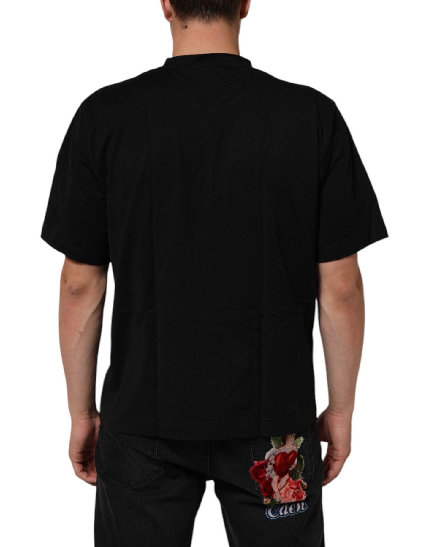 Dolce & Gabbana Black Logo Patch Cotton Men Crew Neck T-shirt