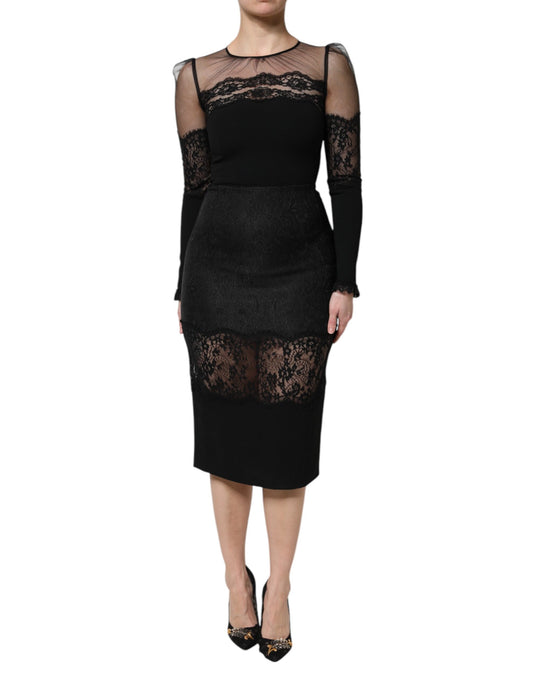 Robe fourreau mi-longue en tulle et nylon à bordure en dentelle noire Dolce &amp; Gabbana