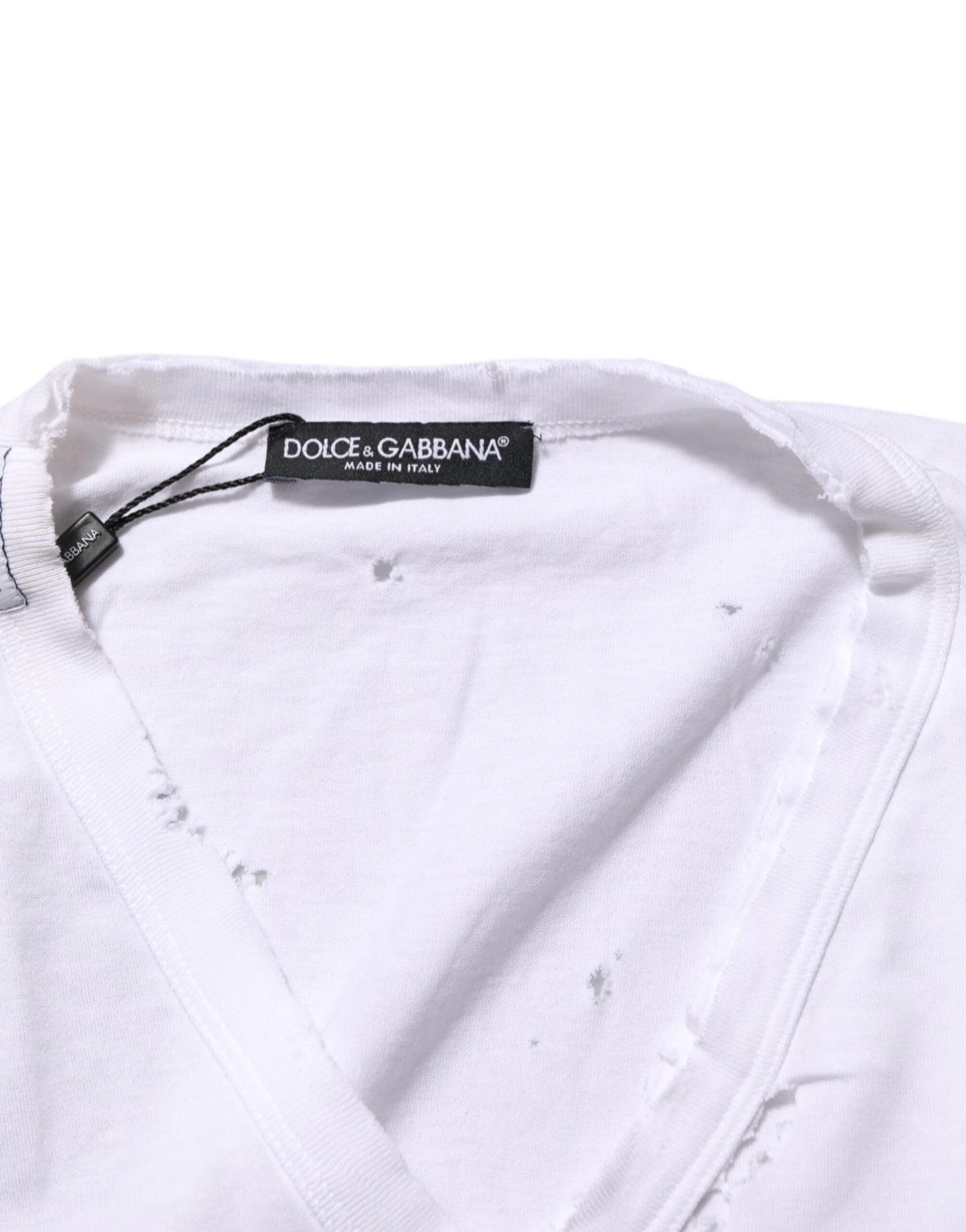 Dolce & Gabbana White Distressed Cotton V Neck Men T-shirt