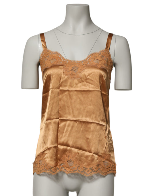 Dolce &amp; Gabbana Débardeur en satin de soie et dentelle florale marron Lingerie Sous-vêtements
