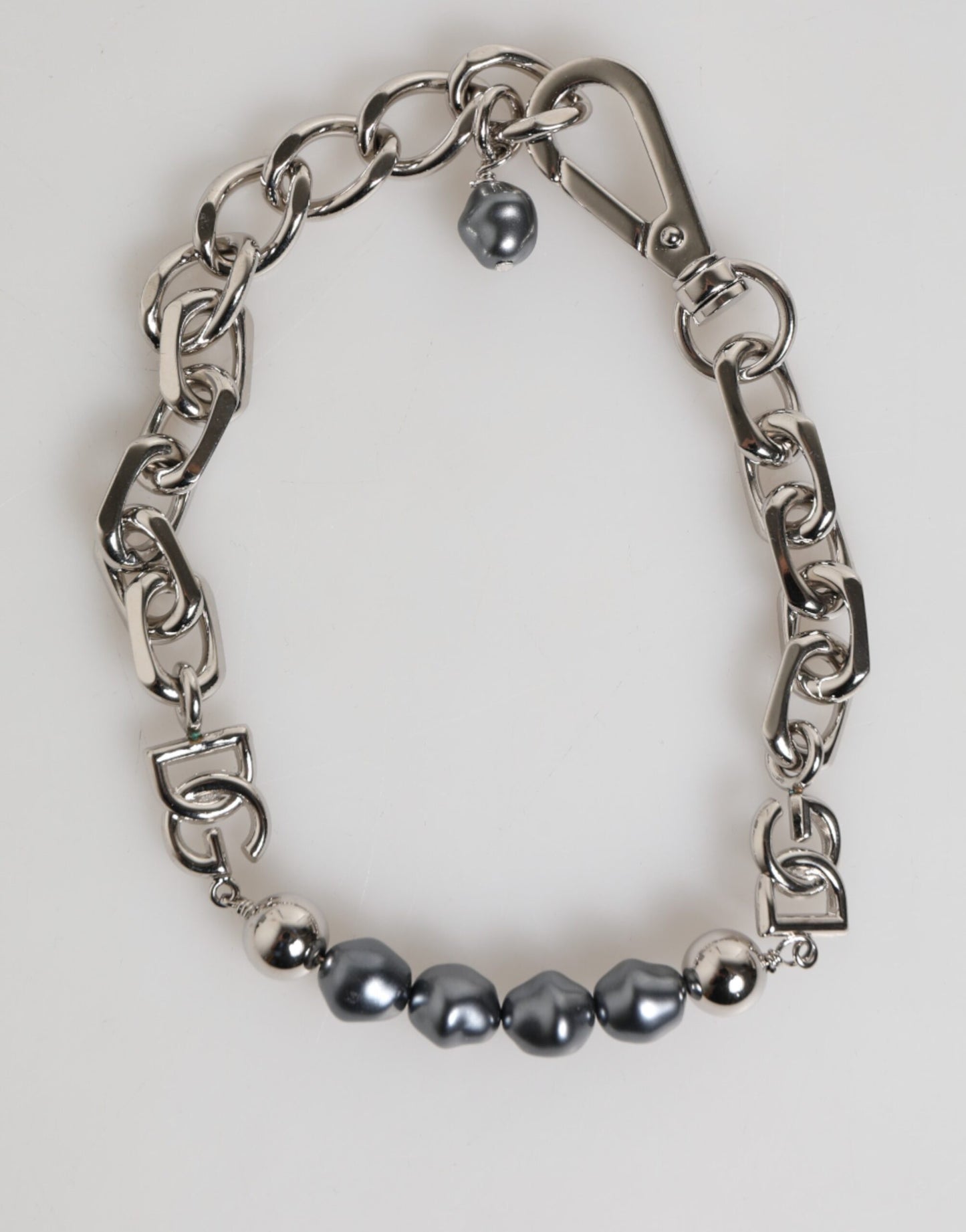 Dolce & Gabbana Silver Tone Chain Lobster Clasp Logo Gray Pearls Bracelet