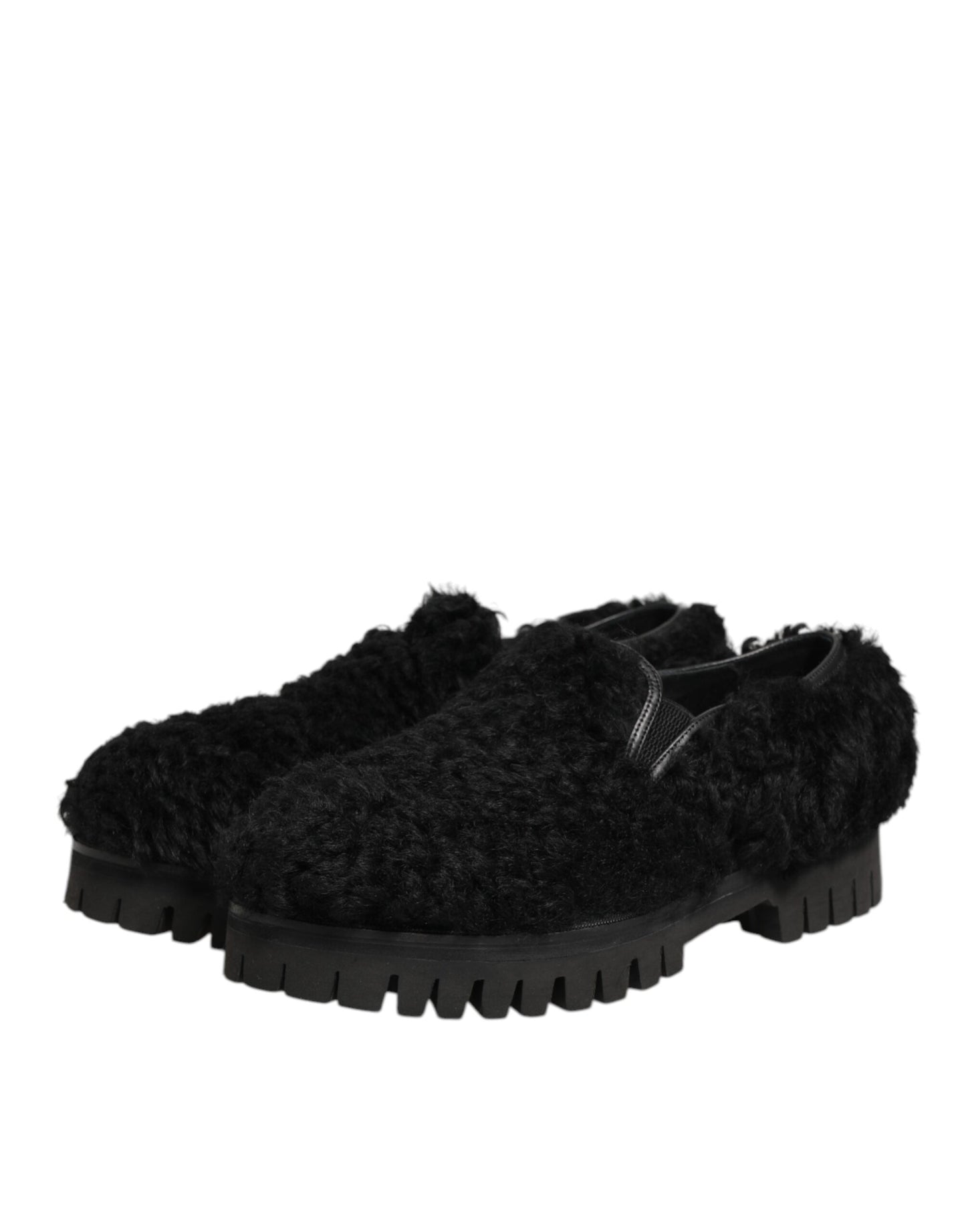 Dolce & Gabbana Dress Black Fur Leather Slippers Men Shoes