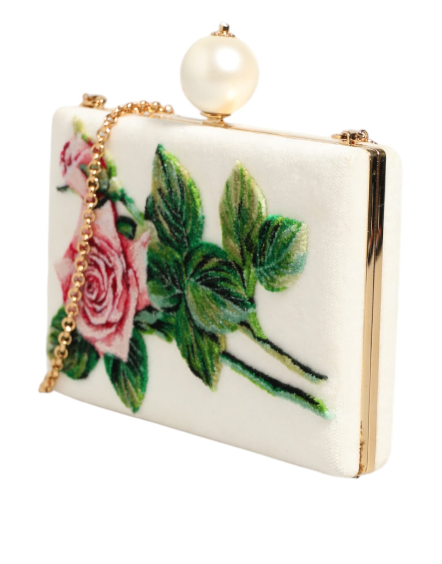 Dolce & Gabbana White Rose Embroidery Silk Gold Frame Clutch Purse Bag