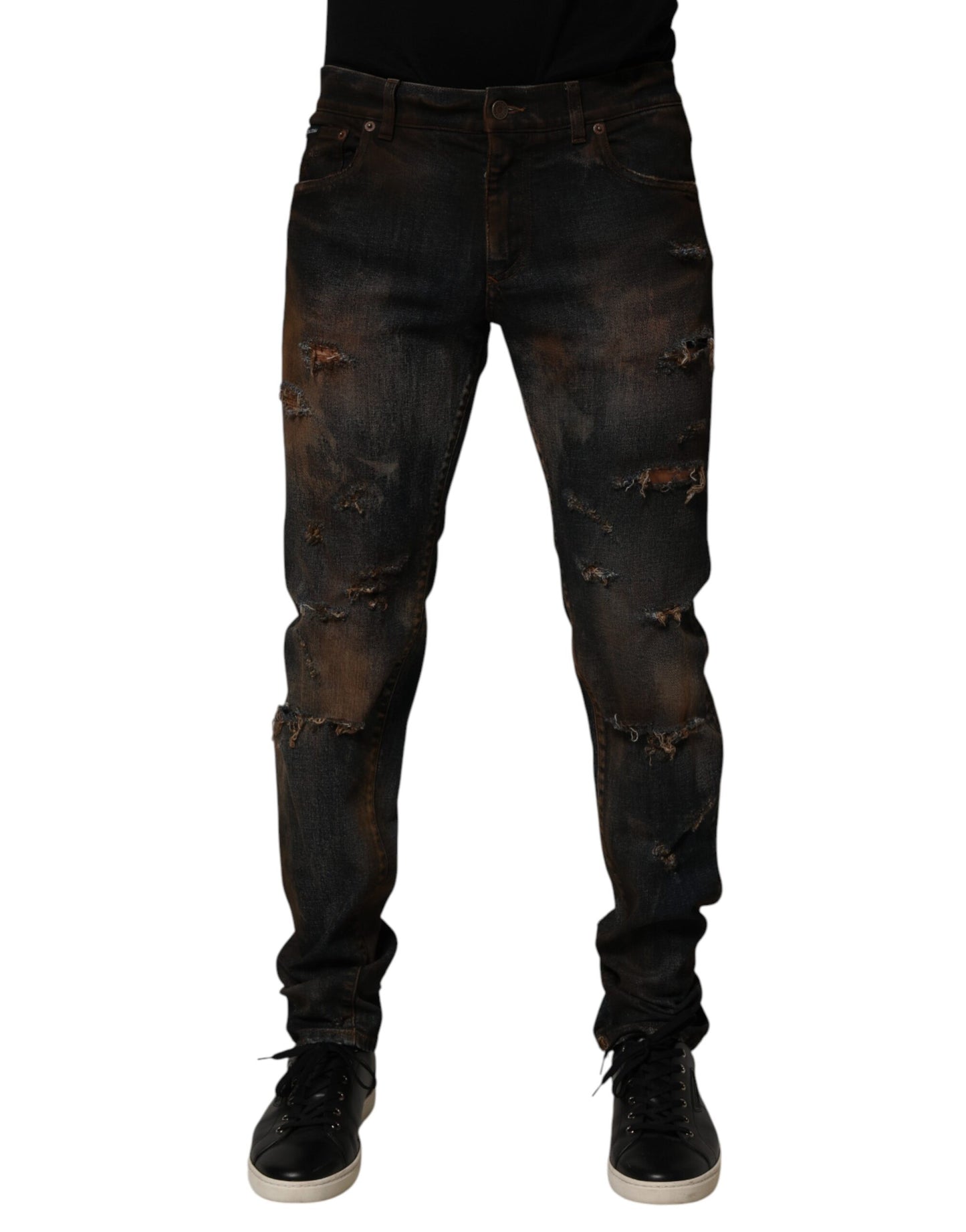 Dolce & Gabbana Black Cotton Skinny Tattered Men Denim Jeans