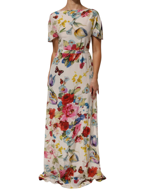 Dolce & Gabbana White Floral Print Silk Sheath LongGown Dress