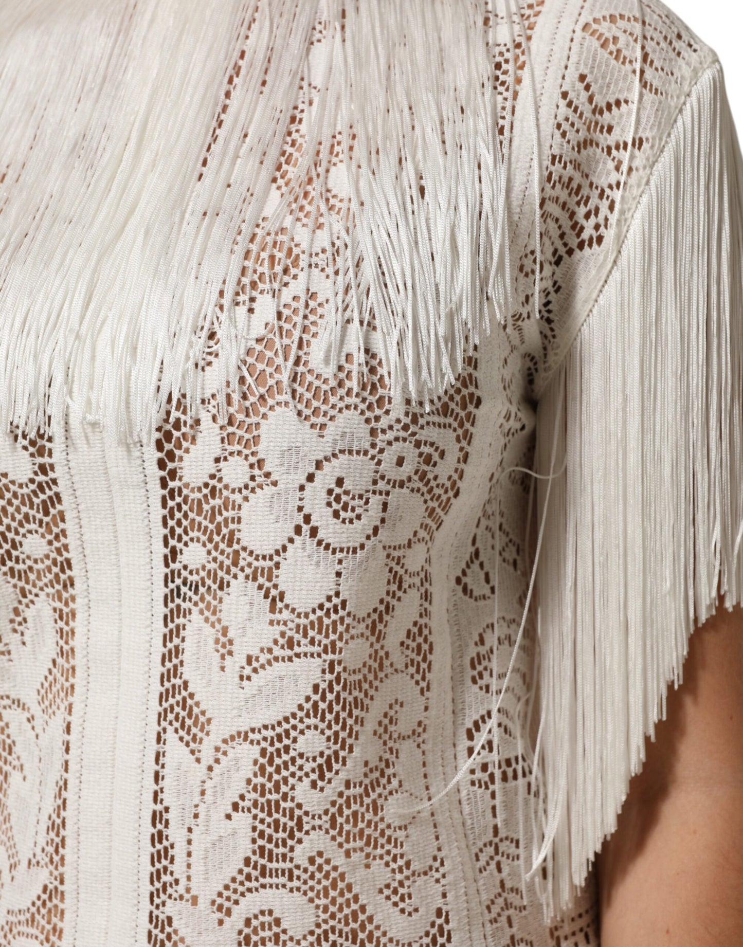 Dolce & Gabbana White Floral Lace Fringe Knee Length Dress