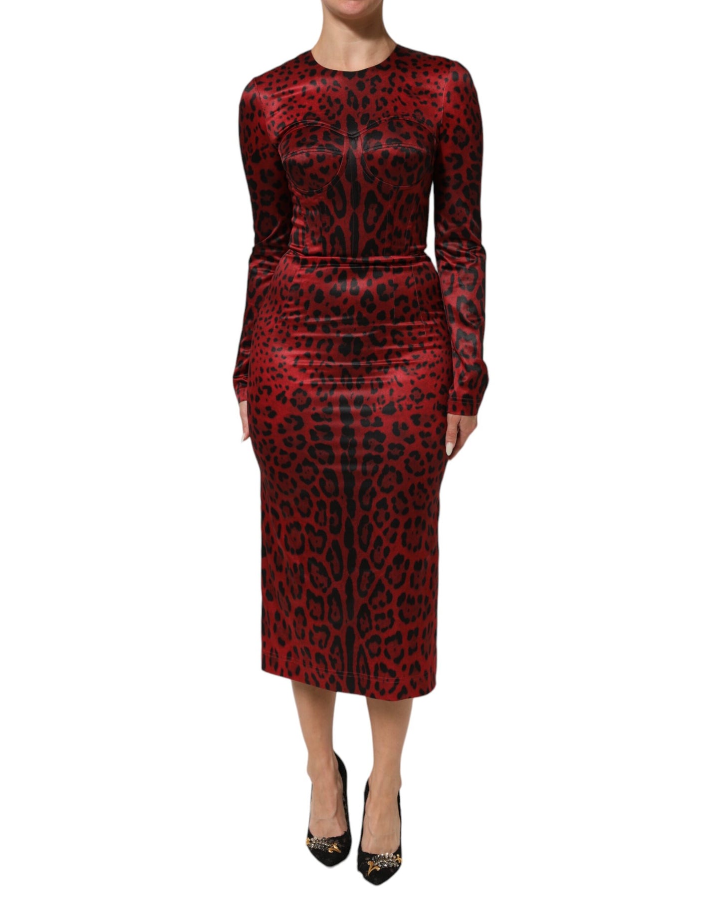 Dolce & Gabbana Red Leopard Sheath Long Sleeves Dress