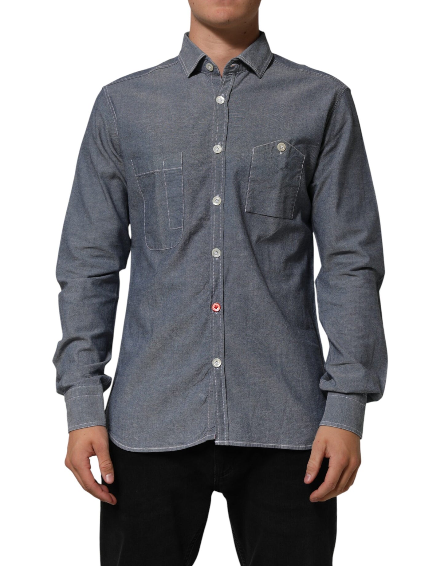 AGLINI Blue Denim Regular Fit Collared Long Sleeve Casual Shirt