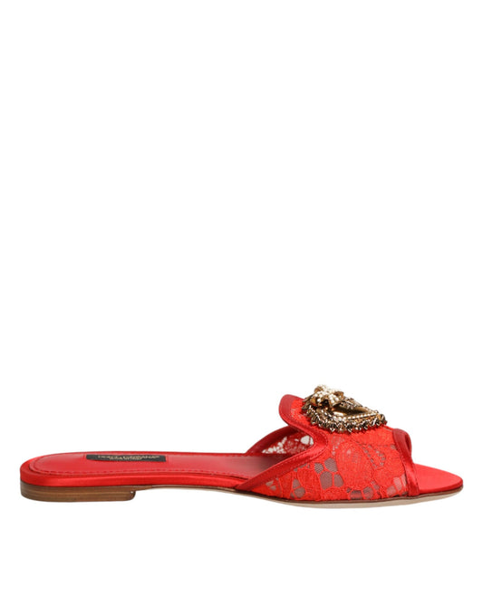 Dolce & Gabbana Red Devotion Lace Flats Slip On Sandals Shoes