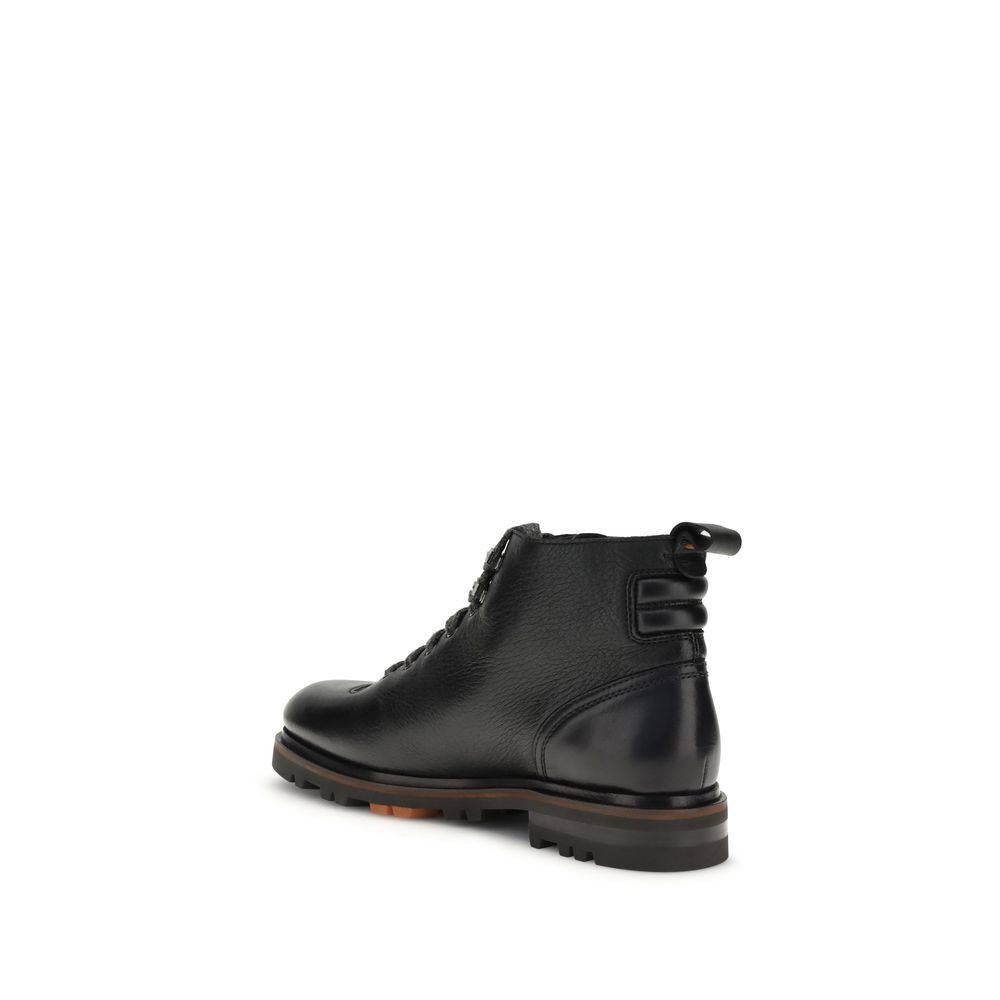 Santoni Black Calf Leather Bos Taurus Lace-Up Boots